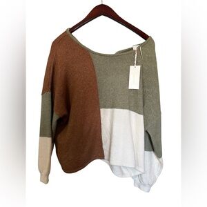 NWT By the River Color Block Tie Neck Sweater S/M Boho Fall Knit